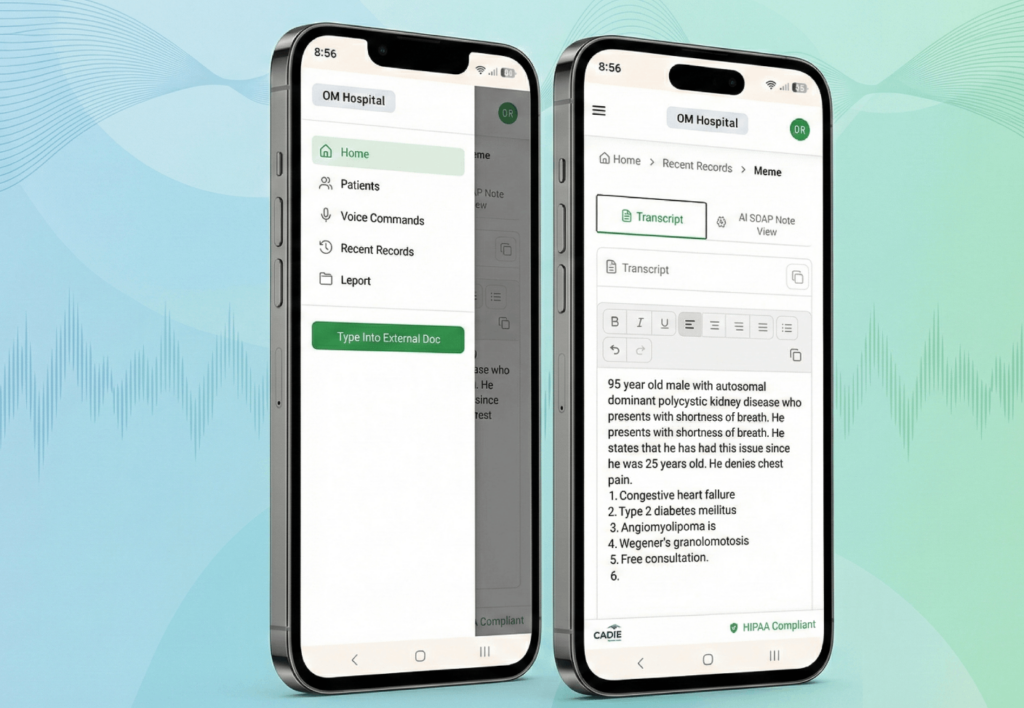 EziSpeak AI â€” two phones showing transcript and note views