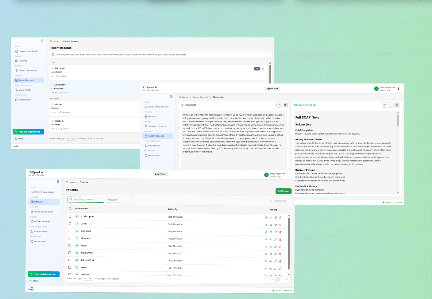 EziSpeak AI â€" dashboard with SOAP note and patient records